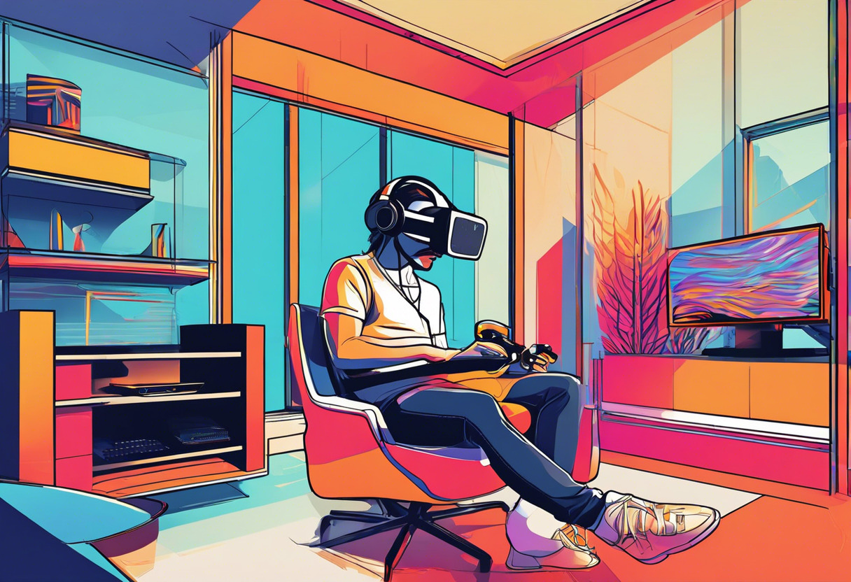 Colorful image displaying gamer utilizing Oculus Rift in a dedicated gaming space