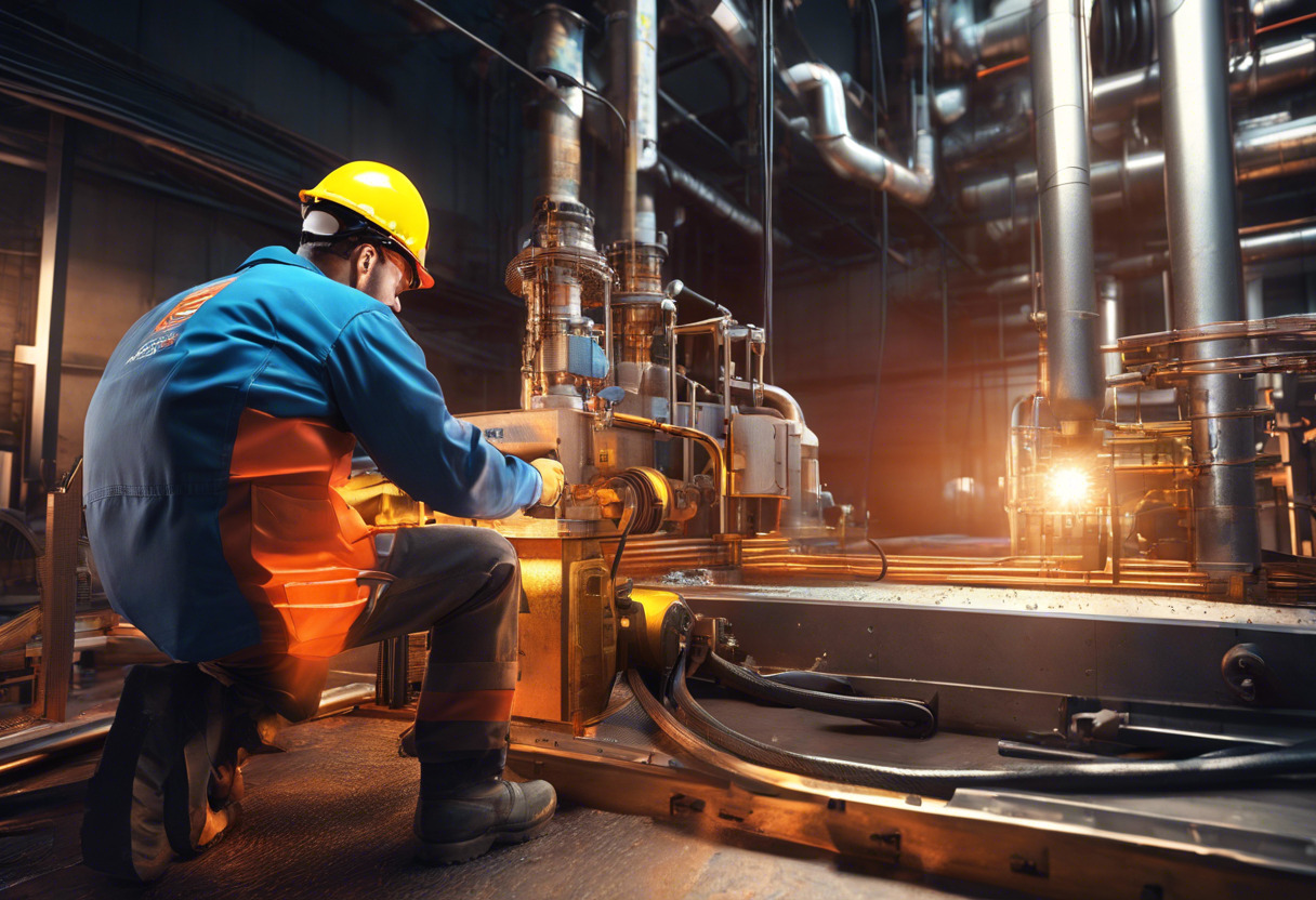 Colorful image featuring a maintenance engineer using Fiix in an industrial setting