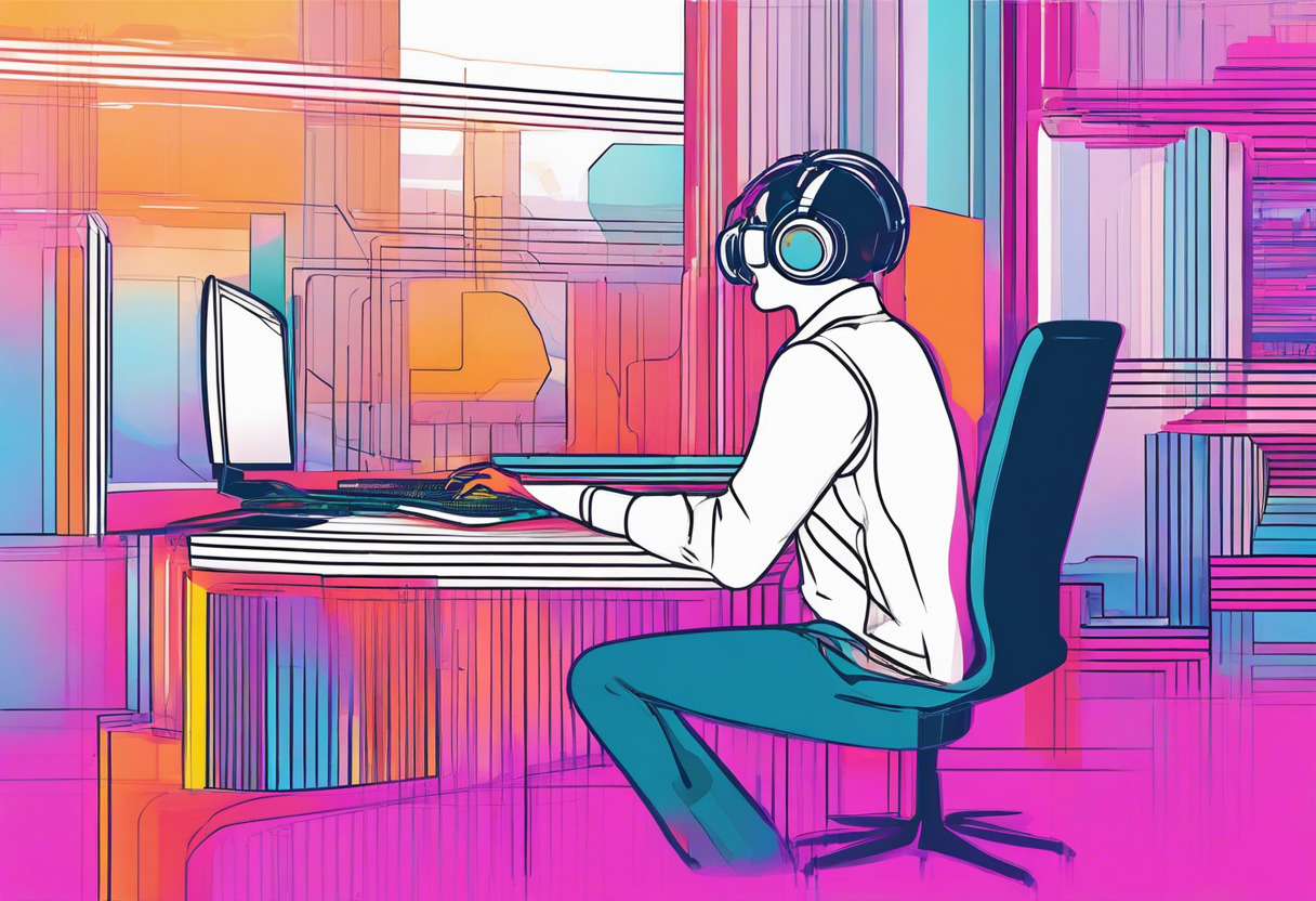 Colorful image featuring a technophile exploring a virtual environment with HP Reverb G2.