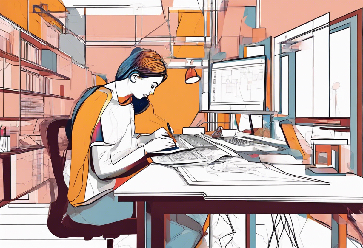 Colorful image featuring an artist in a design studio using MakeHuman for 3D modeling