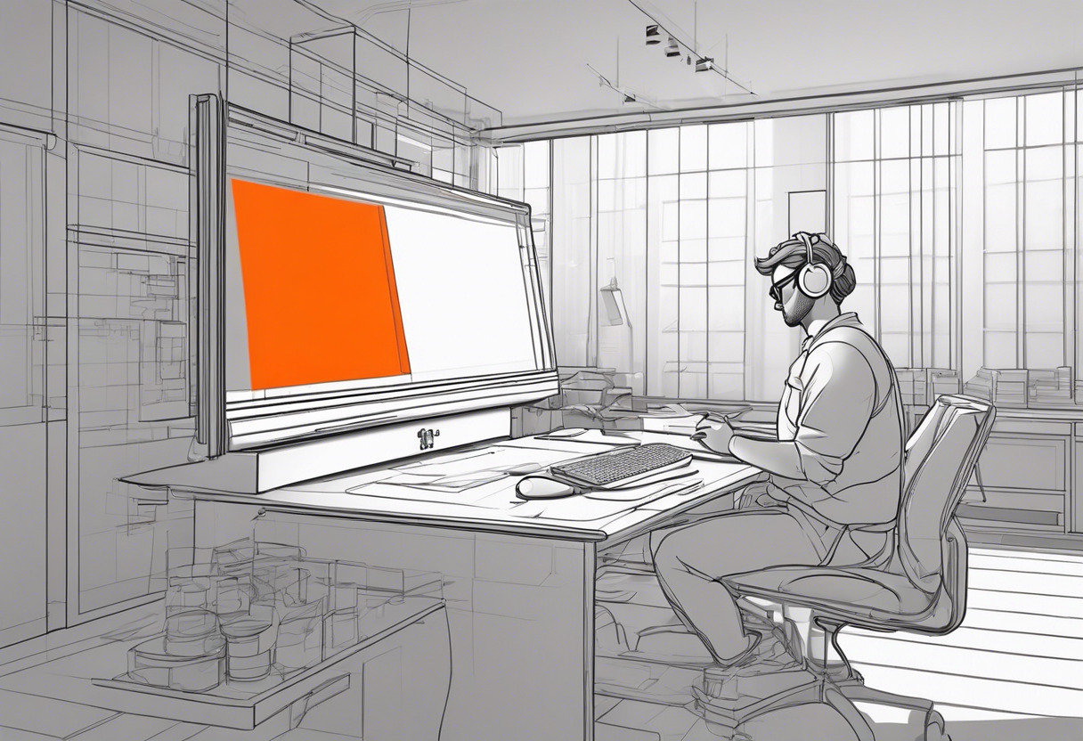 Colorful image of a 3D artist working on Blender in an advanced animation studio.