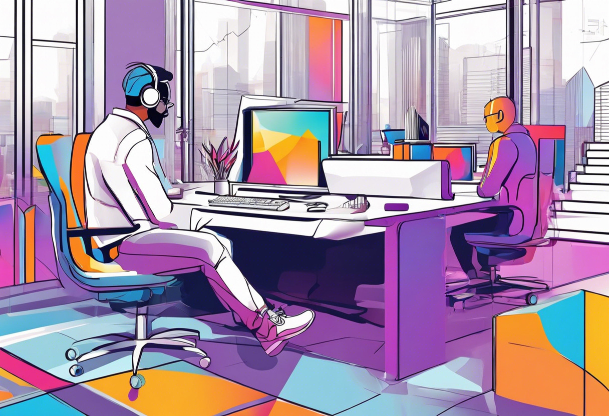 Colorful image of a 3D game developer brainstorming in a futuristic workspace