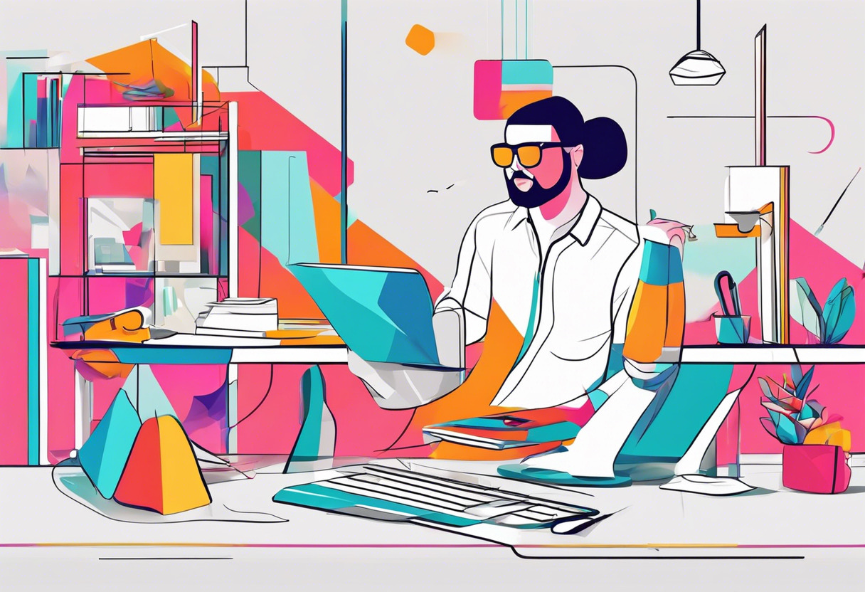 Colorful image of a design artist gleefully manipulating 3D objects in an office space using Adobe Aero