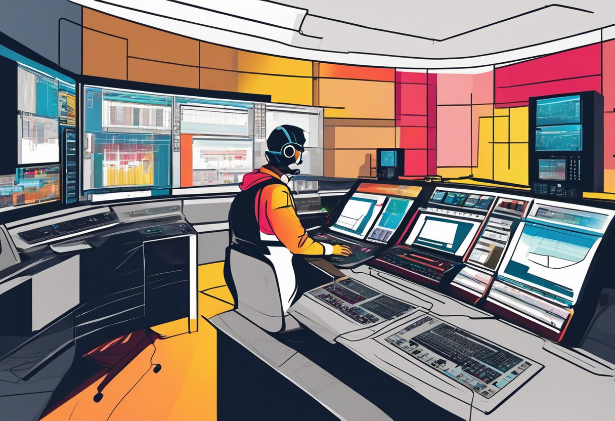 Colorful image of a digital control room with a tech operator
