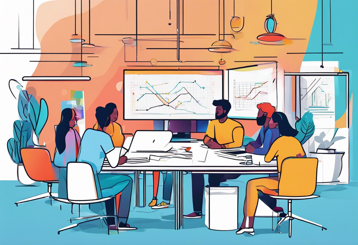 Colorful image of a diverse team brainstorming over Canva on a large office screen