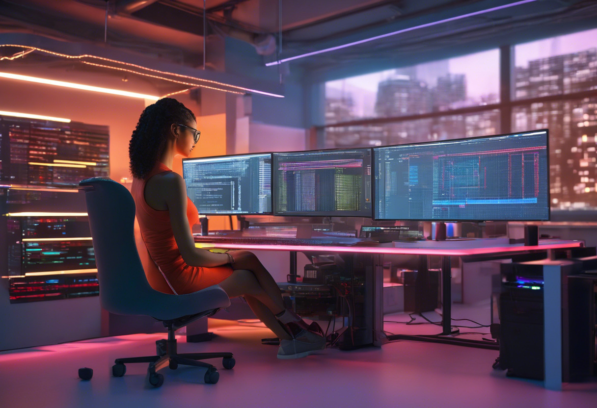 Colorful image of a female coder in a software lab