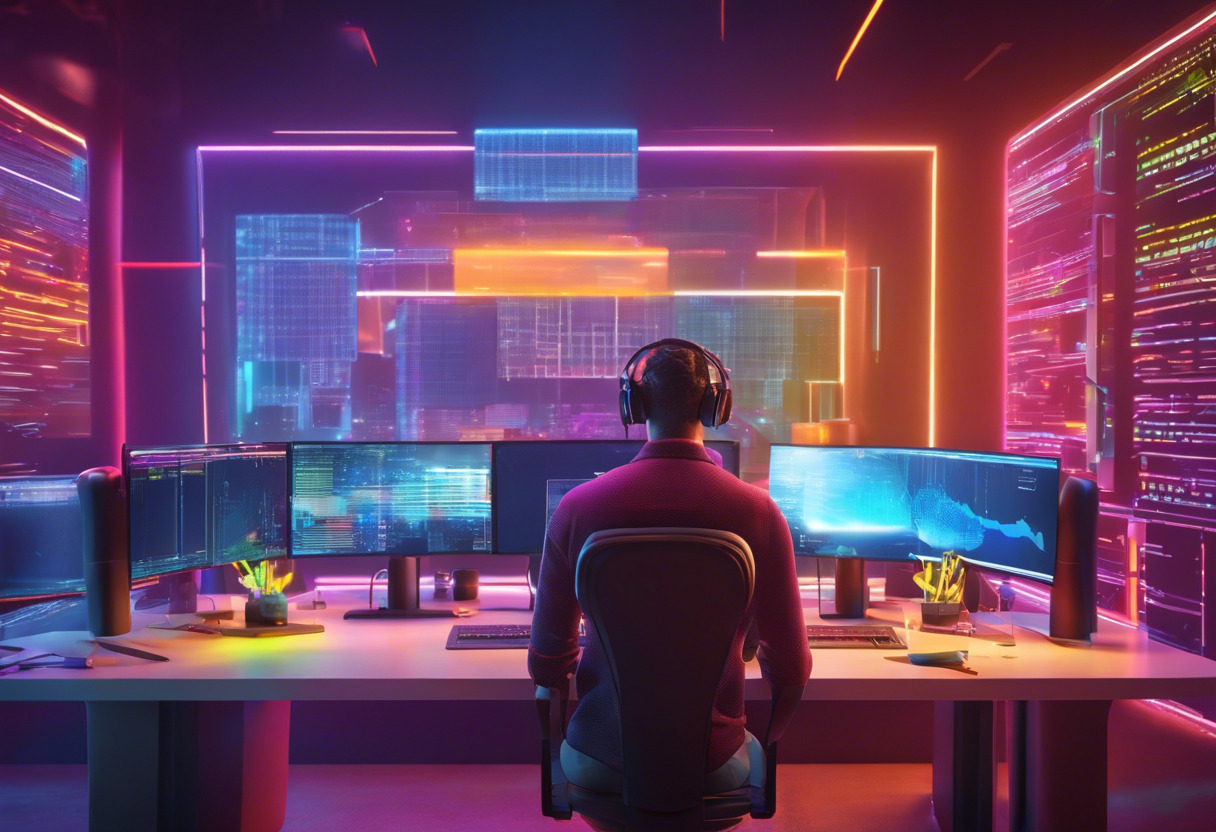 Colorful image of a focused developer coding in a vibrant tech hub