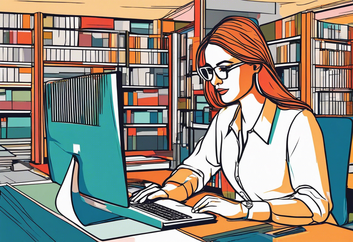 Colorful image of a focused woman working on computer in a library