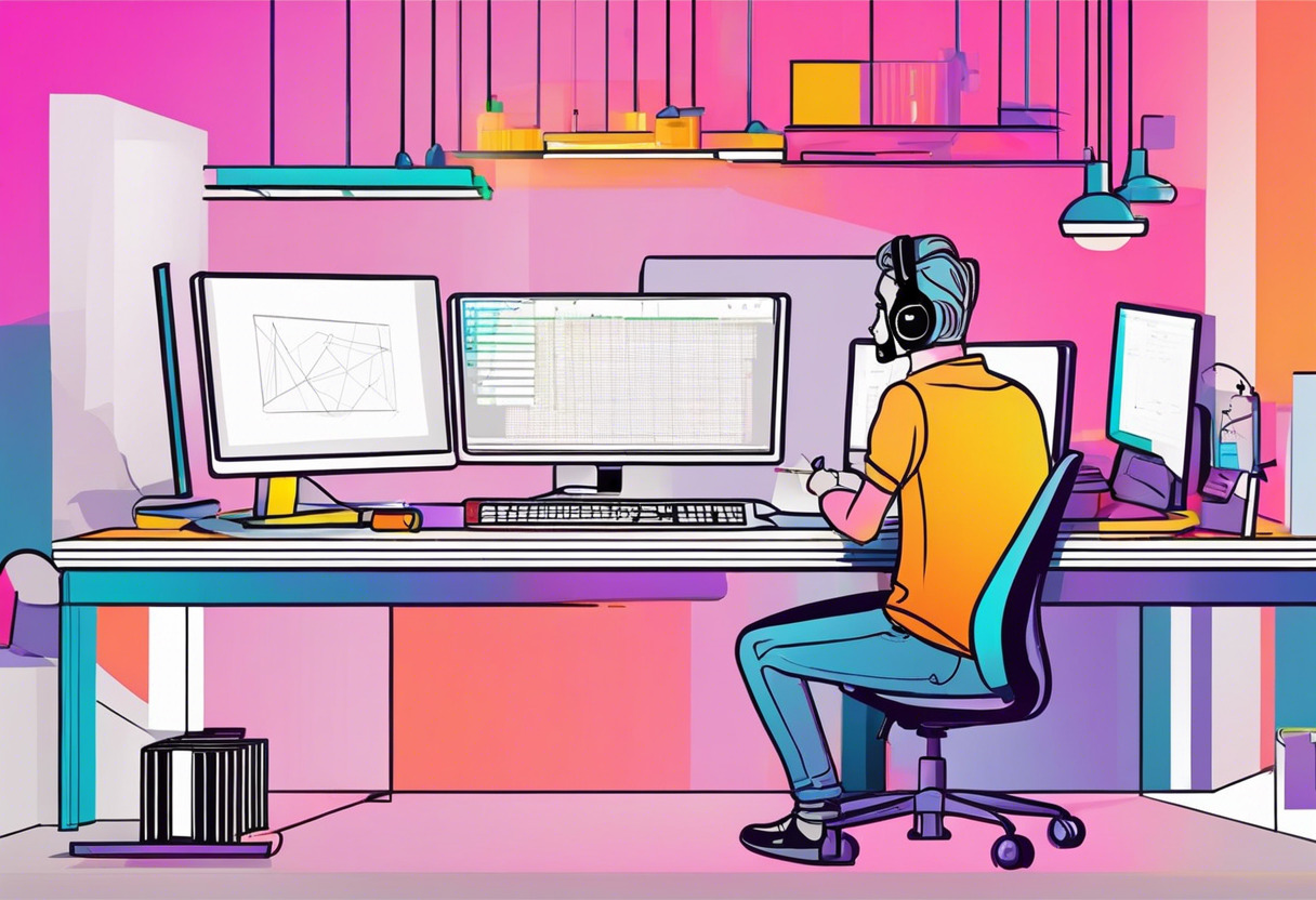 Colorful image of a game developer immersed in coding, in a creative lab