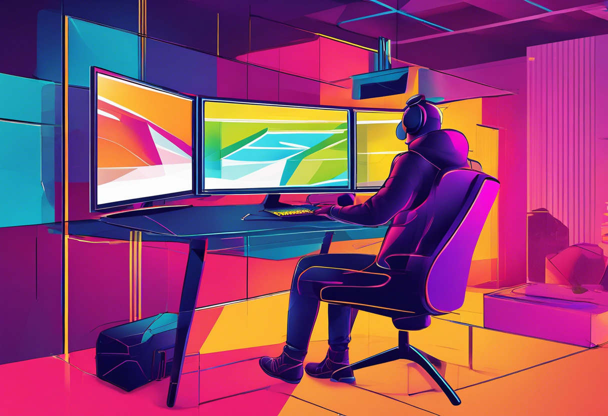 Colorful image of a game developer using MakeHuman, against the backdrop of a vibrant virtual gaming environment