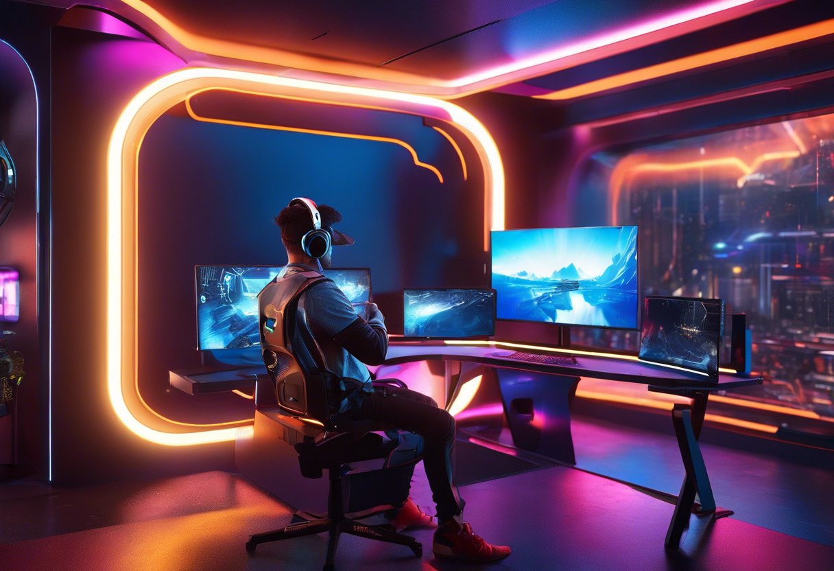 Colorful image of a gamer engrossed in a Metaverse environment, situated in a high-tech gaming room