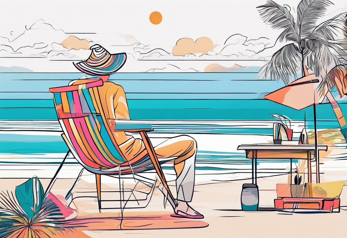 Colorful image of a graphic designer vacationing on an island using Photoshop for a project