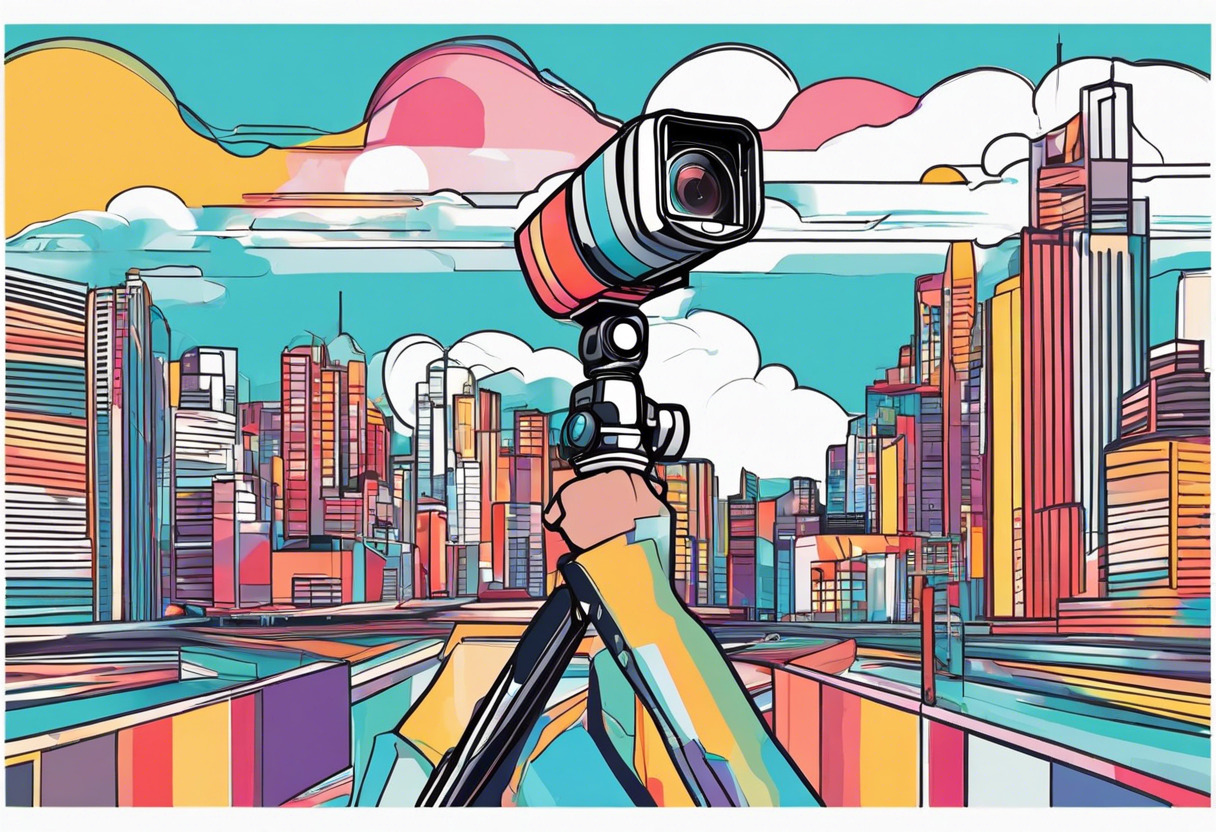 Colorful image of a man holding an Insta360 camera at a cityscape backdrop