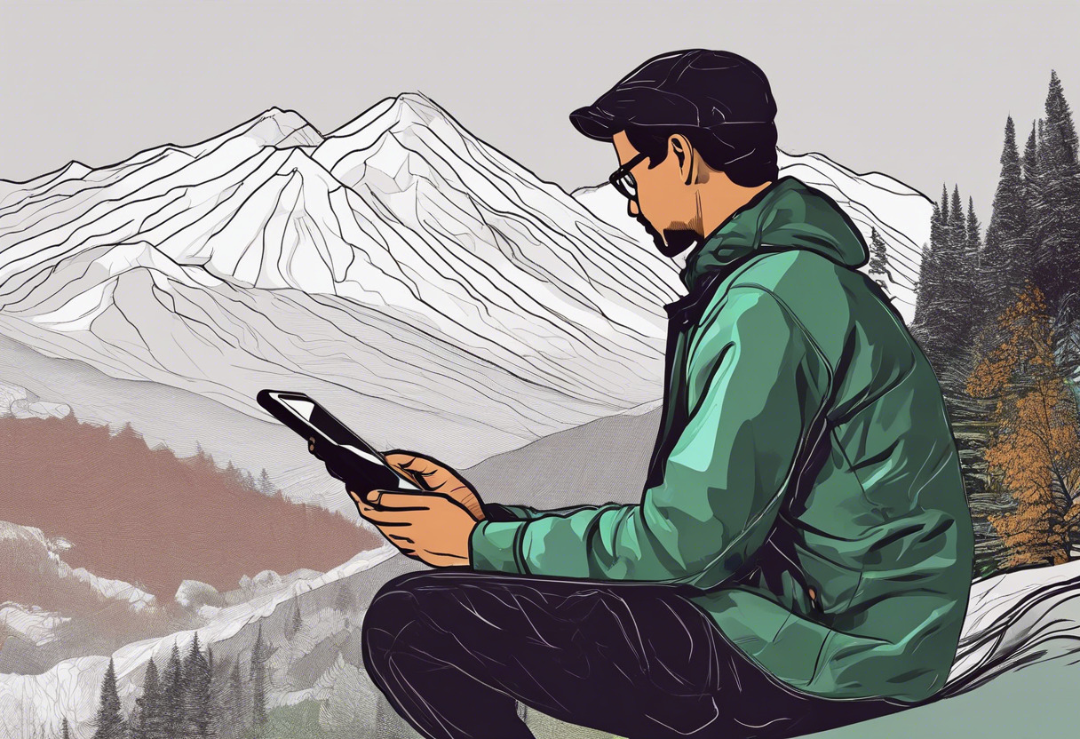 Colorful image of a man using Snapseed on his phone to edit a mountain landscape picture