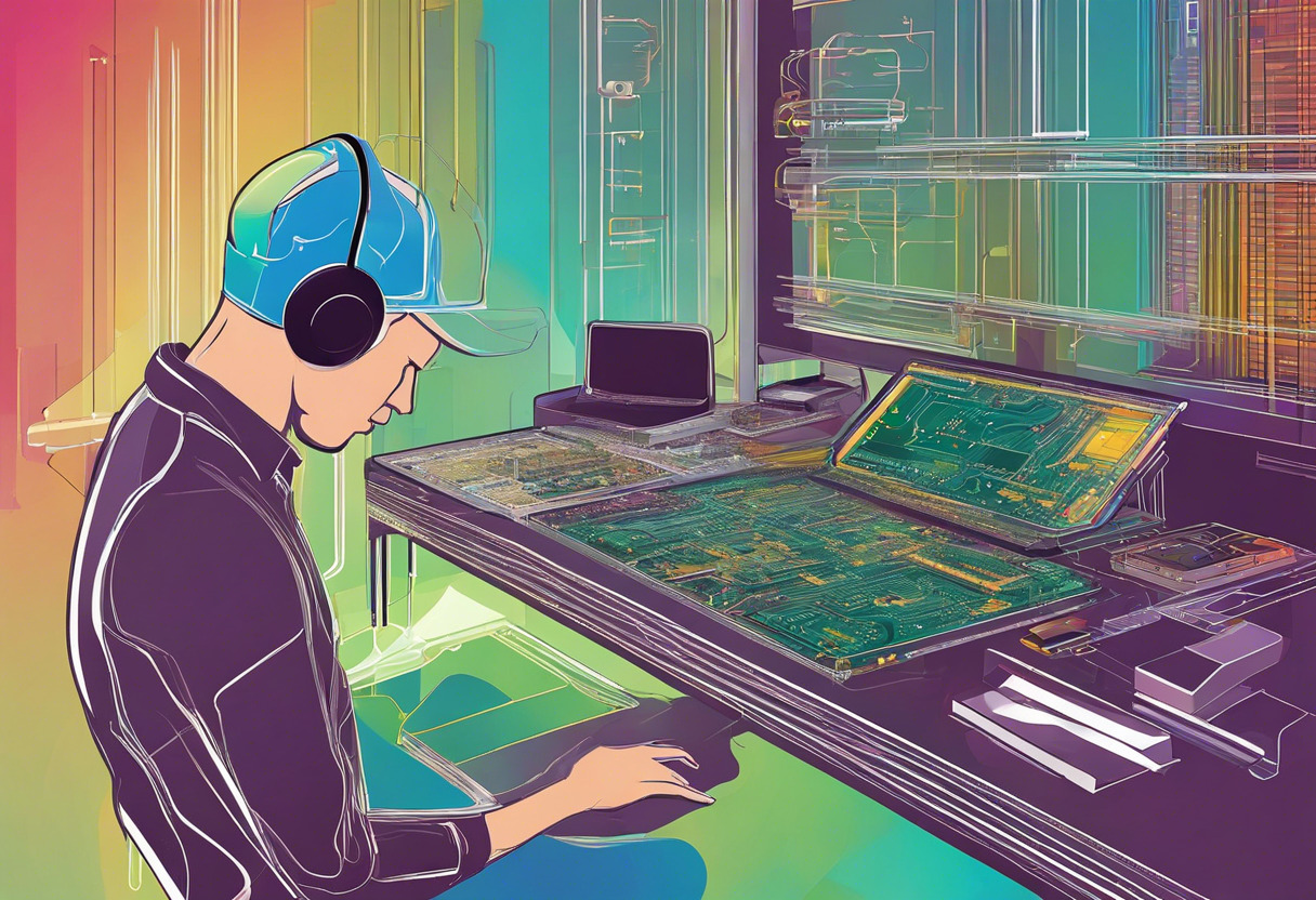 Colorful image of a person assembling a virtual circuit board on Wokwi in a modern electronics lab