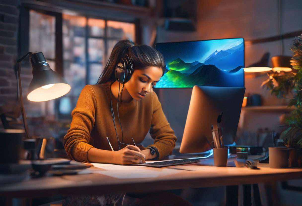 Colorful image of a photographer editing a picture through Adobe Lightroom on her desktop