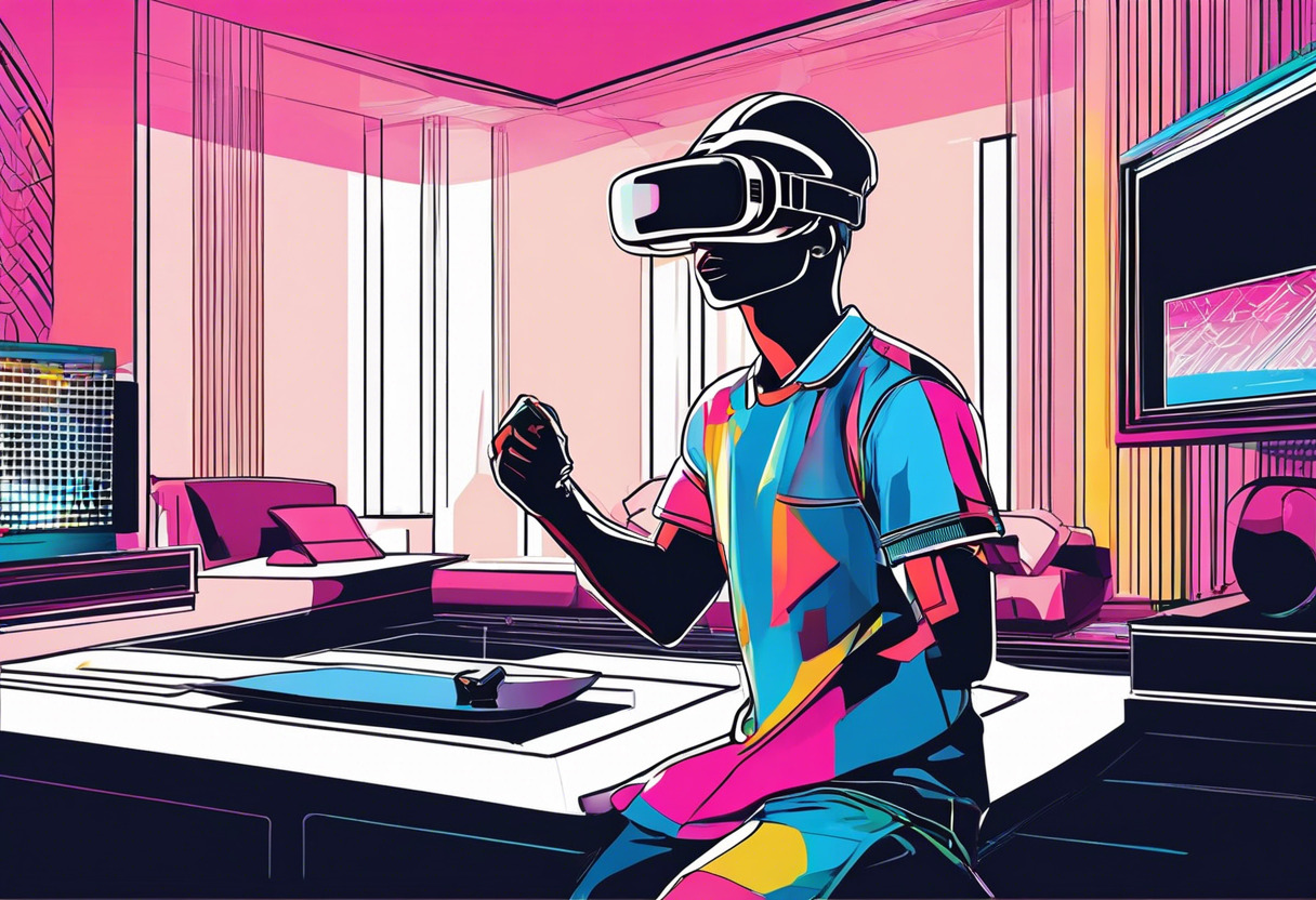 Colorful image of a player enjoying a virtual reality game using the PSVR 2 in a gaming room.