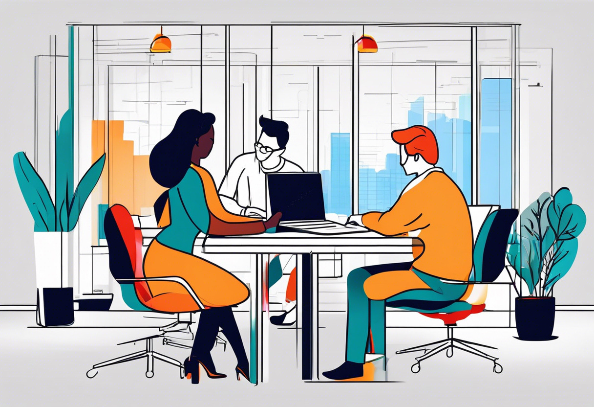 Colorful image of a productive team collaborating on a digital platform in a modern office space