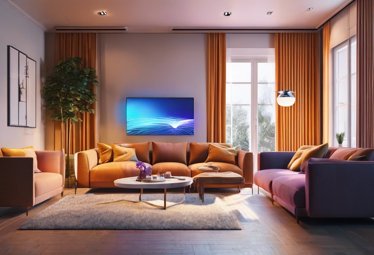 Colorful image of a smart home living room brightly lit with dimmable LED lights