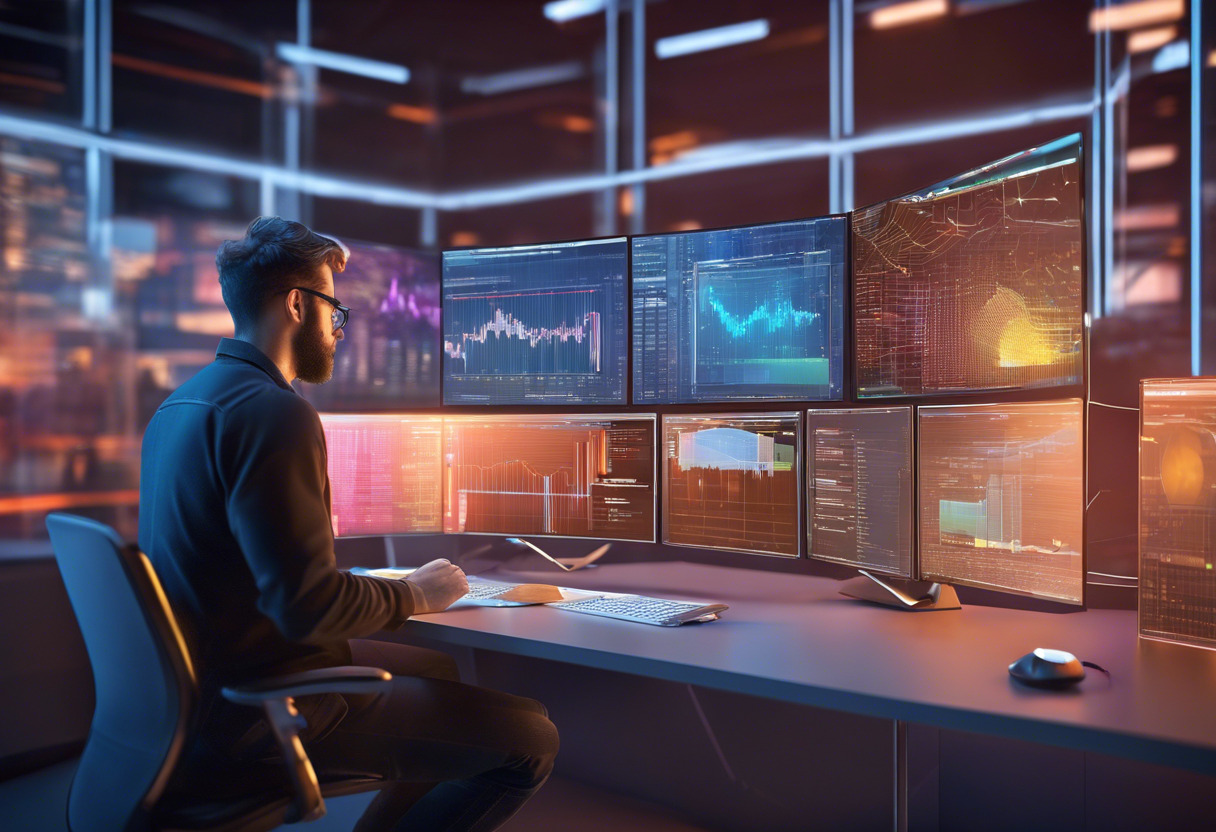 Colorful image of a software engineer working on a modern GUI system in a tech company