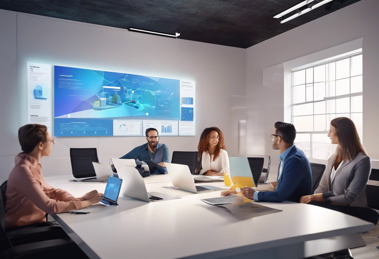 Colorful image of a team of professionals brainstorming on an expansive iSpring project displayed on a wall-mounted screen, in a hi-tech meeting room