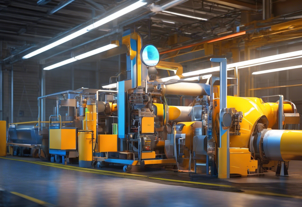 Colorful image of a technician in a manufacturing unit navigating through the MaintainX application.