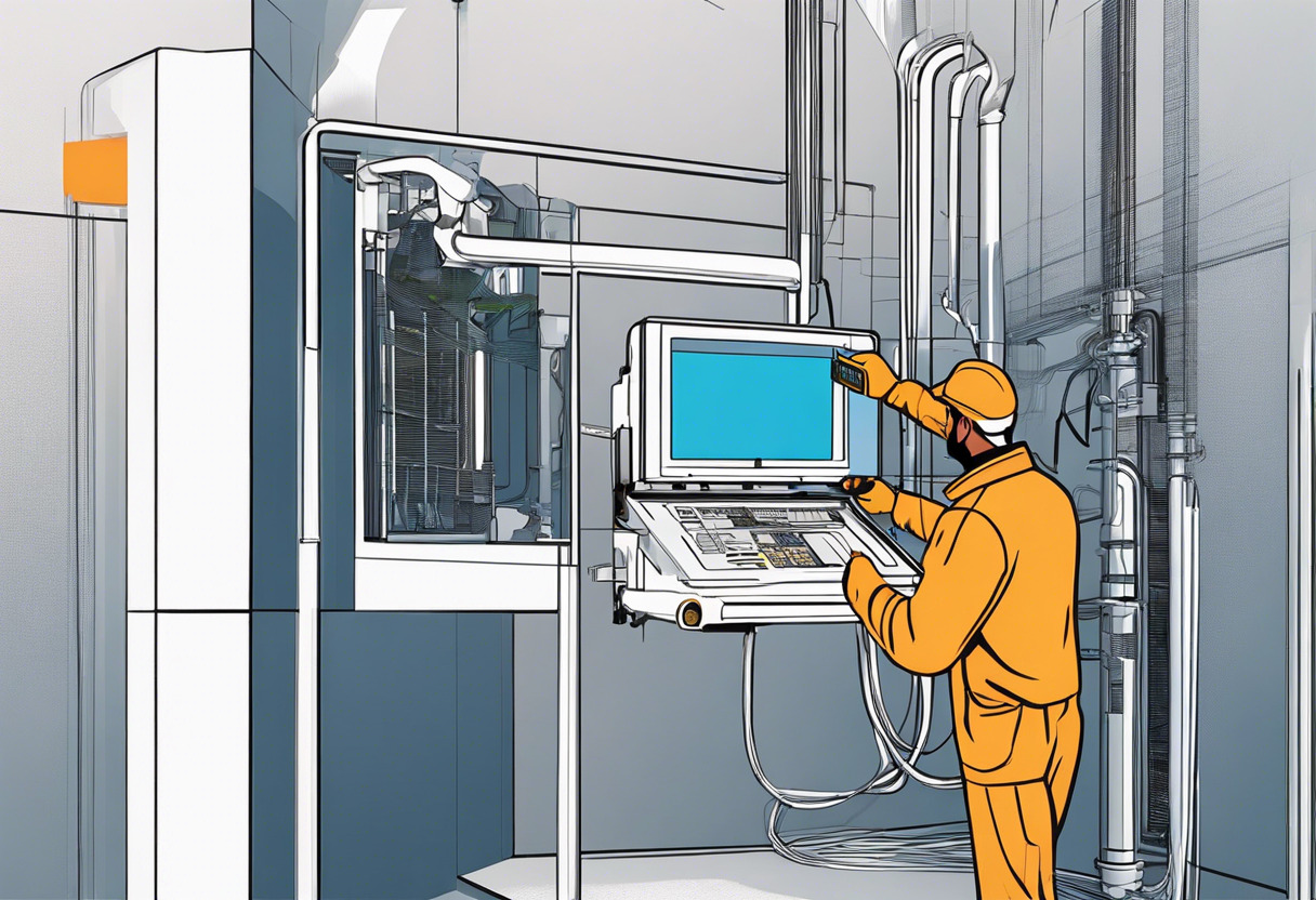 Colorful image of a technician installing a DAS system inside a commercial building