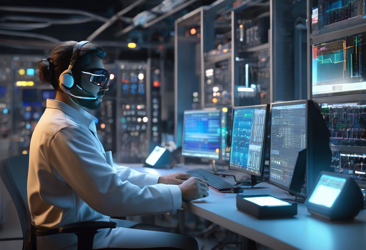 Colorful image of a technologist working on a remote terminal unit in a lab