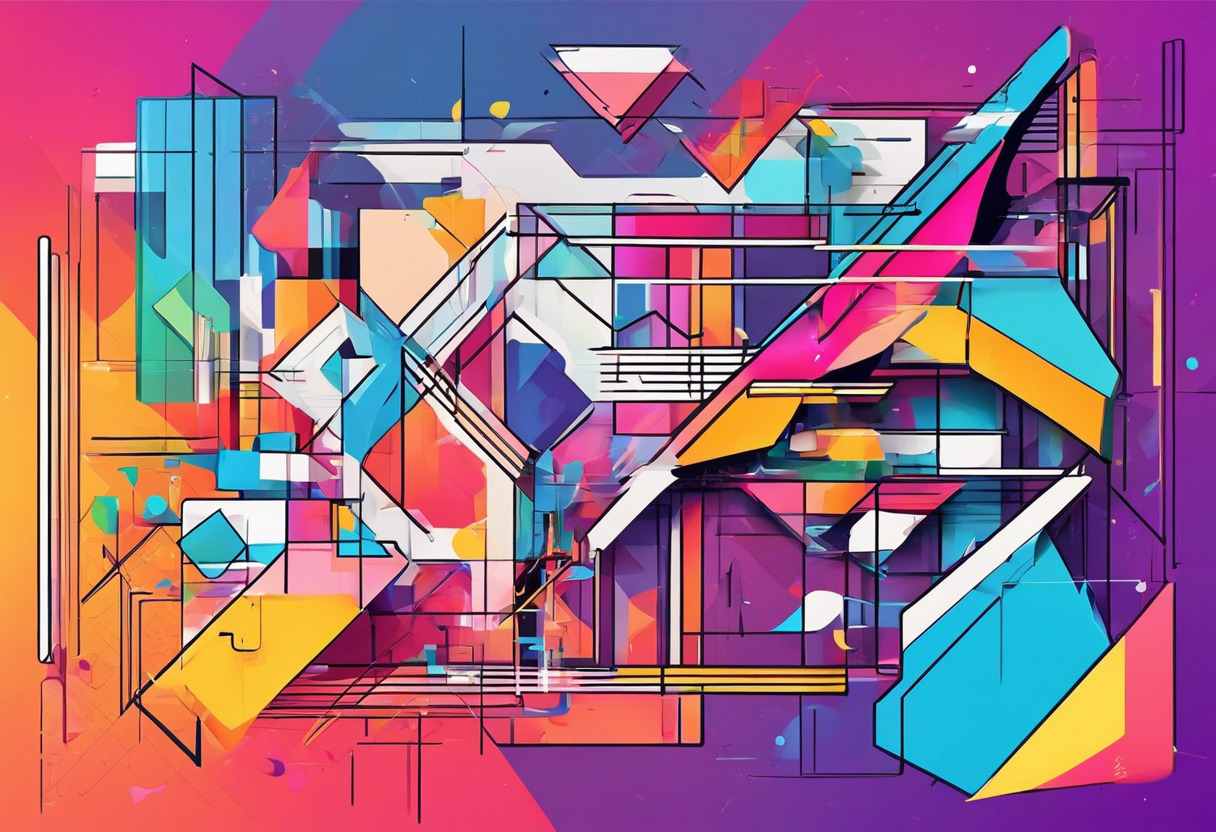 Colorful image of a VJ manipulating dynamic media while original content projects onto geometric structures.