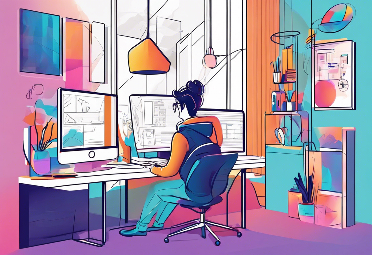 Colorful image of a web designer at their modern workspace, designing on Webflow