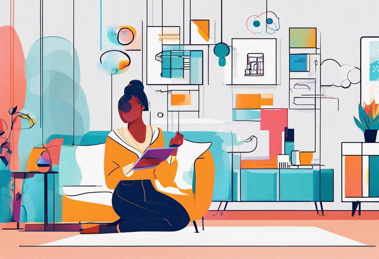 Colorful image of a woman interacting with her smart home IoT devices
