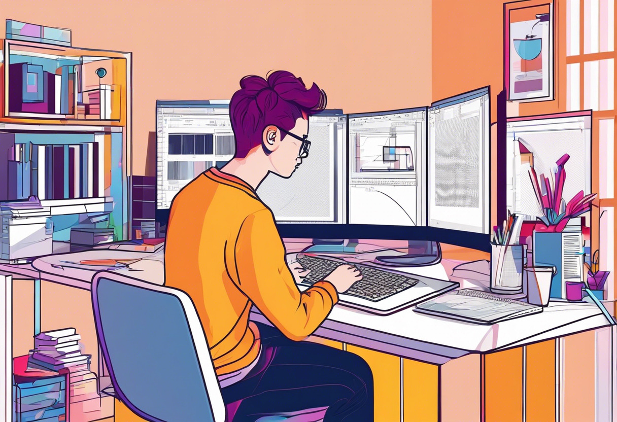 Colorful image of a young coder working on game development within LOVE in a creative studio