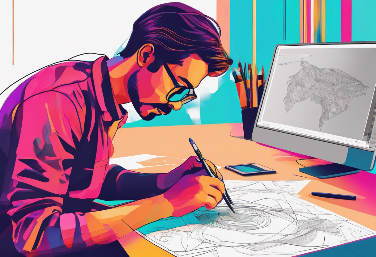 Colorful image of an artist working on projects in Adobe Creative Cloud suite via Adobe Aero interface