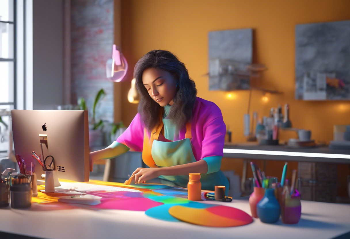 Colorful image of an artist working with blender on a workstation in a creative studio