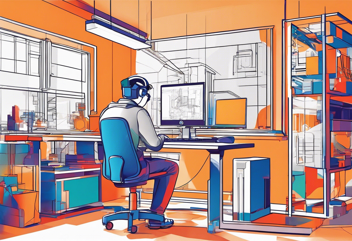 Colorful image of an engineer at a bustling workspace engaged in 3D modeling using Tinkercad, a popular platform for 3D printing, with an array of successful prints laid out before him