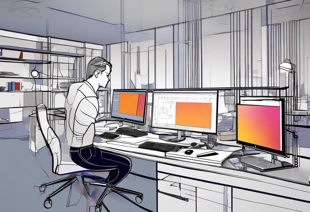 Colorful image of an engineer designing a complex structure using FreeCAD on a desktop in a modern office