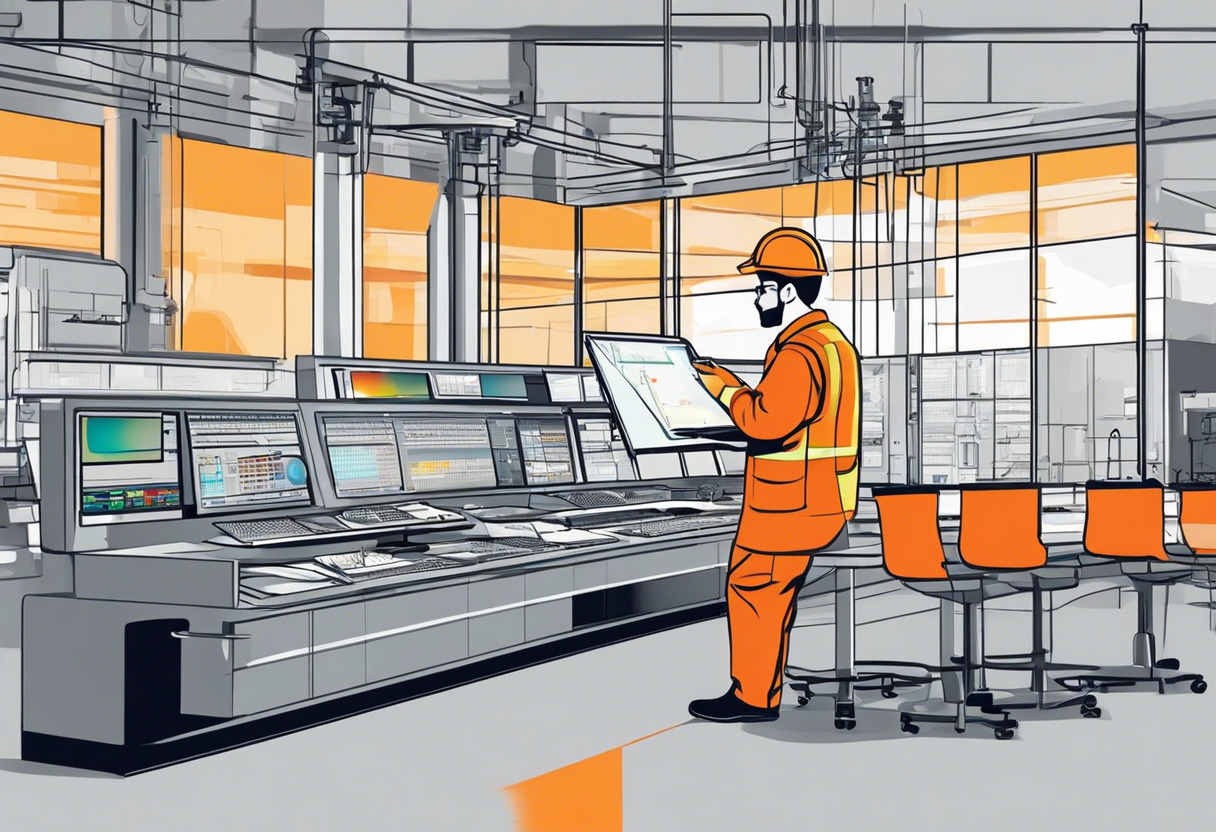 Colorful image of an industrial engineer operating a SCADA system in a large factory