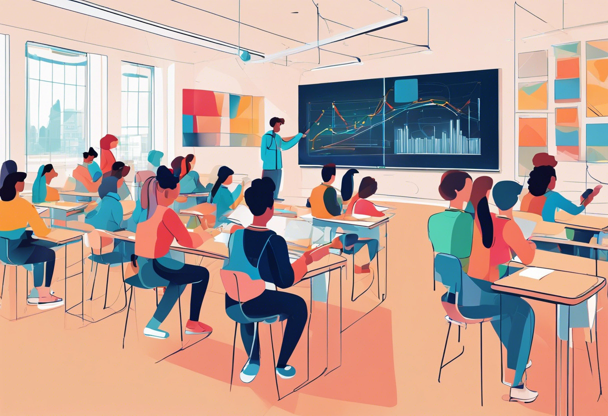 Colorful image of bustling classroom with students interacting with a virtual screen, symbolizing the immersive learning experience provided by a Learning Management System