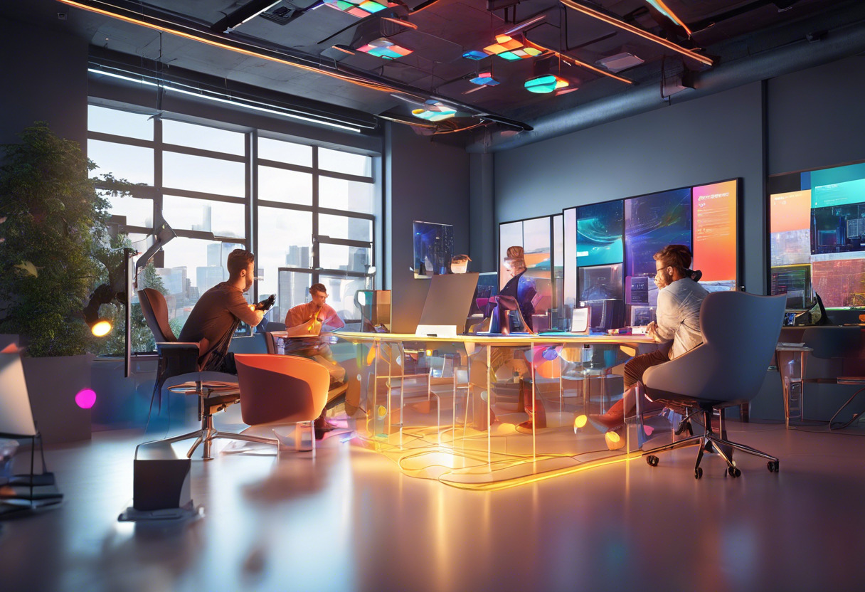 Colorful image of developers at Gravity Jack working on augmented reality solutions in their office