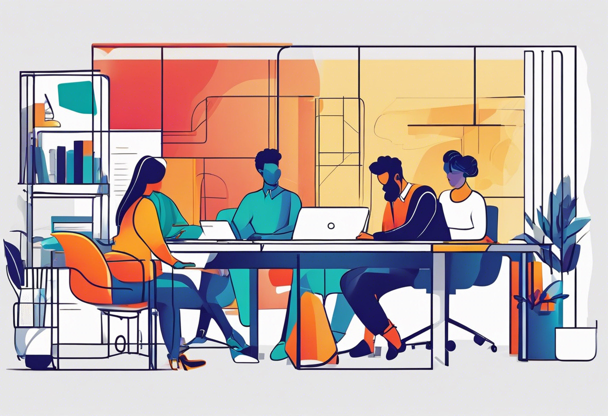 Colorful image of diverse professionals engaged in e-learning in a modern office space