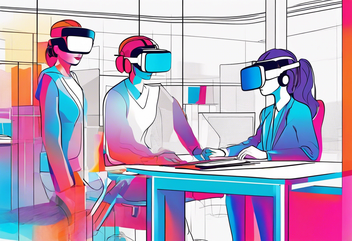 Colorful image of office workers collaborating in virtual reality, amplified by Microsoft Mesh.