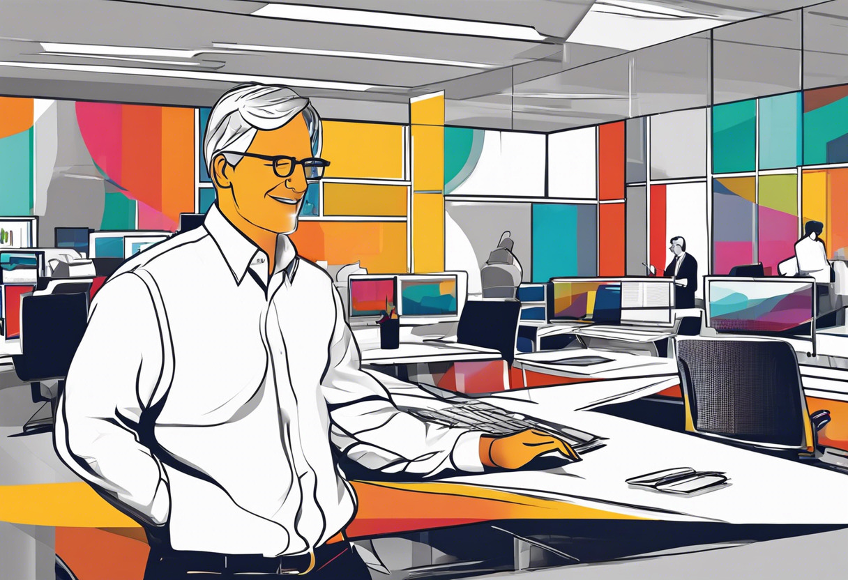 Colorful image of Skillsoft's Nashua headquarters with a busy CEO Jeff Tarr