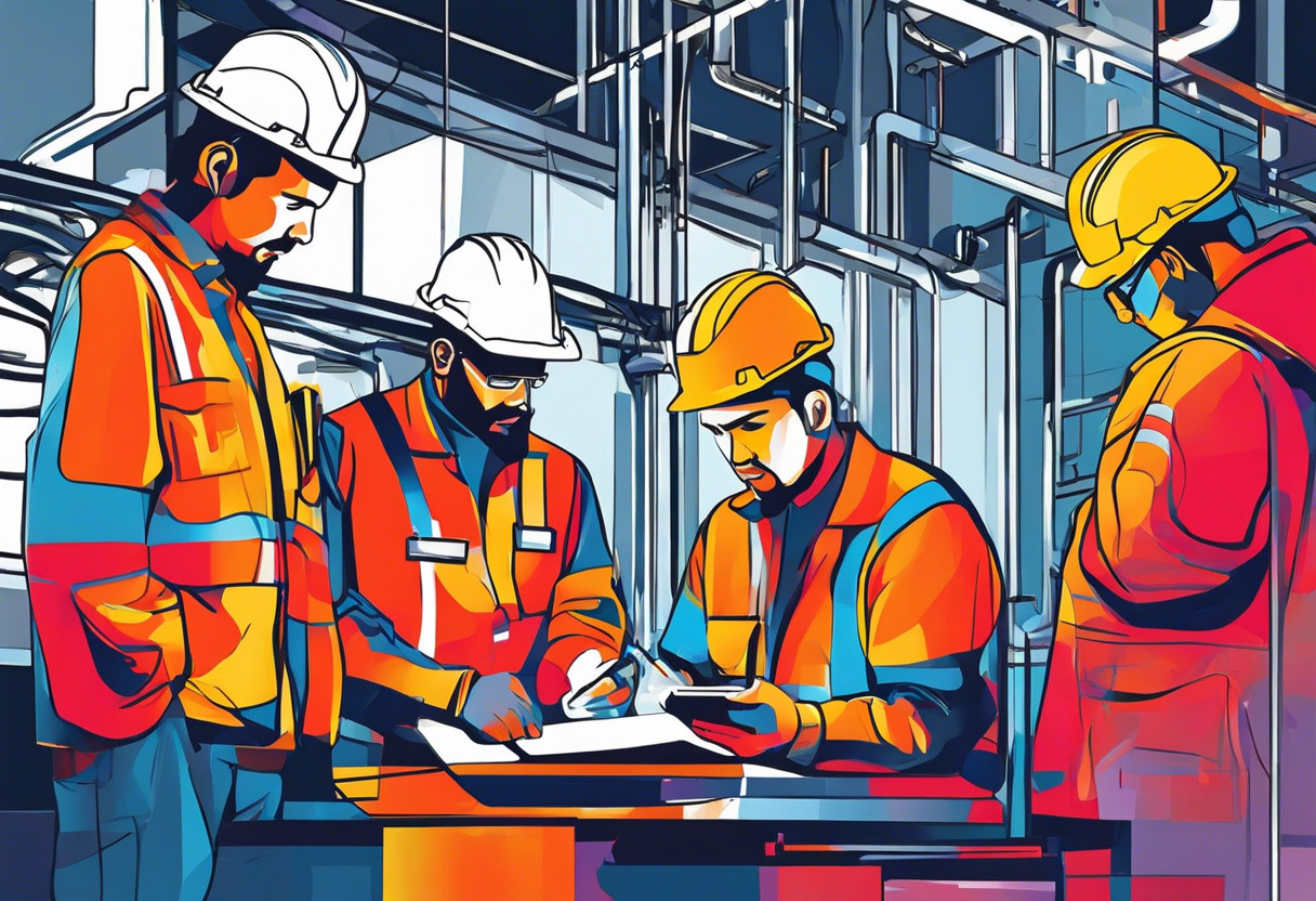 Colorful image of technicians using eMaint on a smartphone in an industrial environment