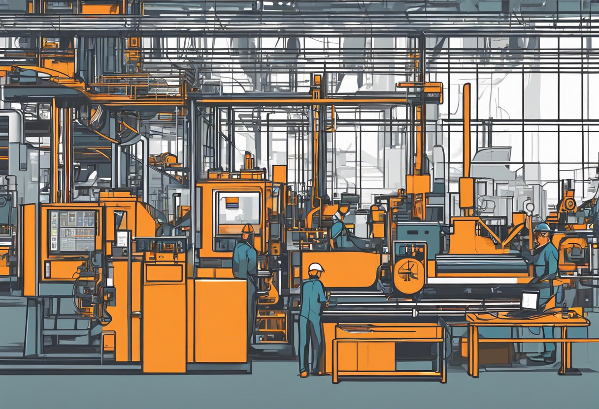 Colorful image showcasing a bustling factory setting with operators at work around an Industrial Control System.