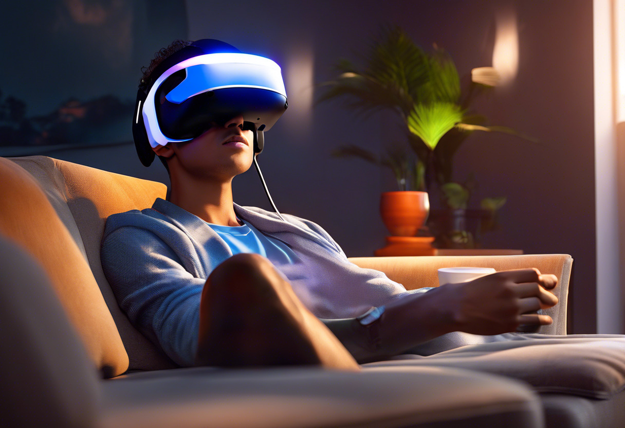 Colorful image showcasing a dedicated PlayStation user engrossed in his PSVR 2 experience in a modern home setting