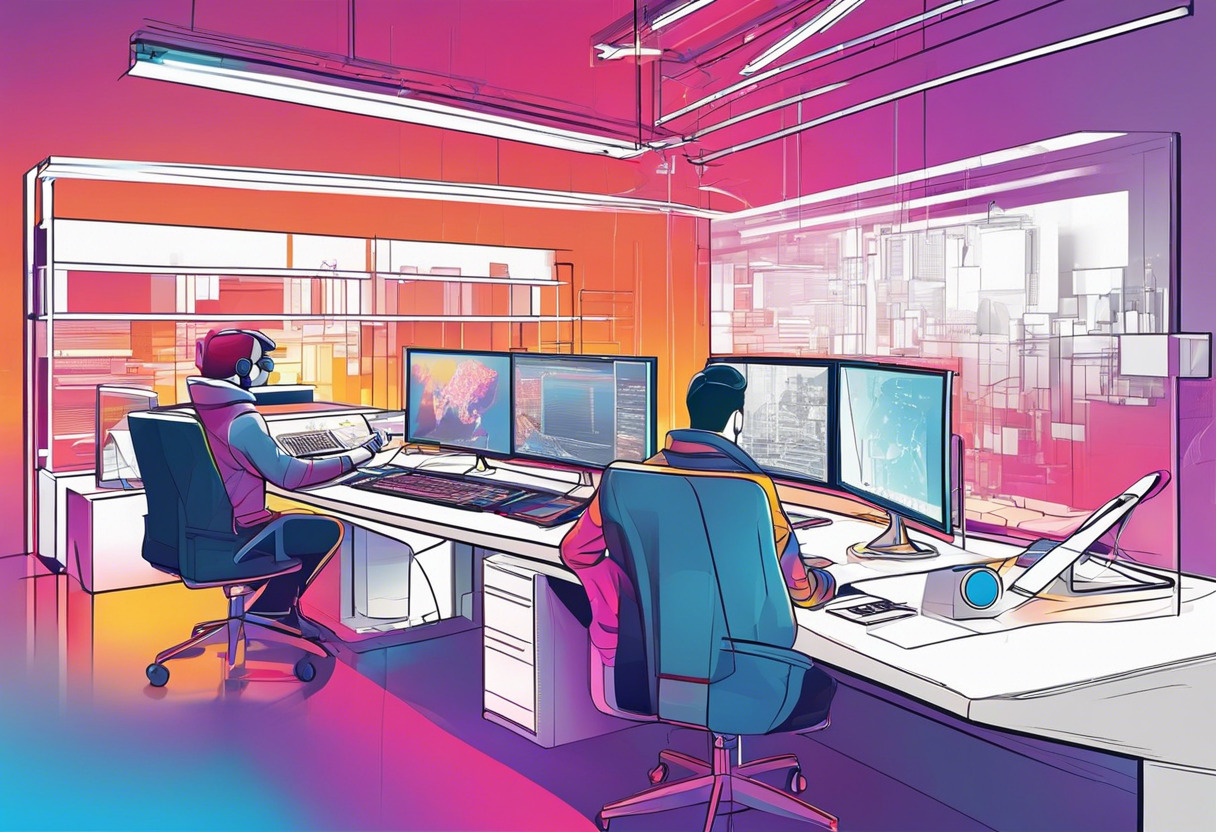 Colorful image showcasing developers engrossed in 3D game design in a high-tech studio