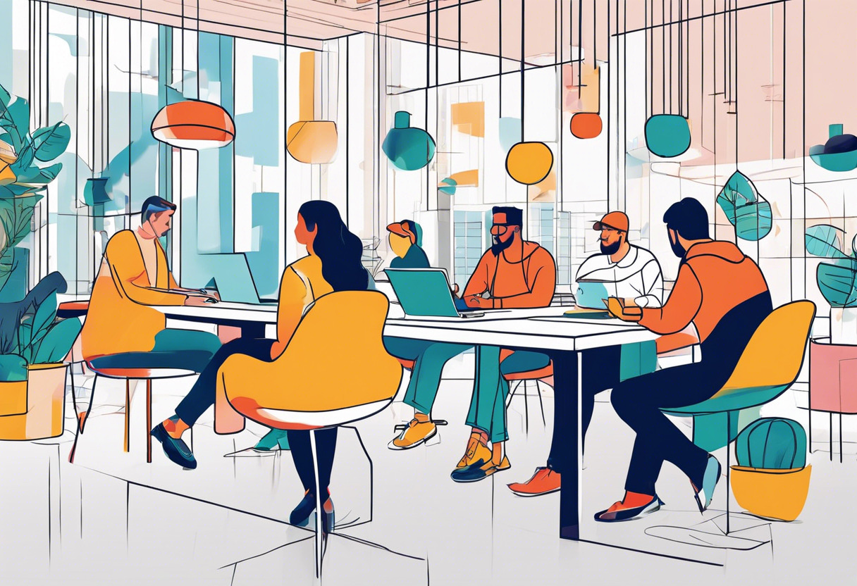 Colorful image showing a group of creative professionals engrossed in a Skillshare course in a co-working space.