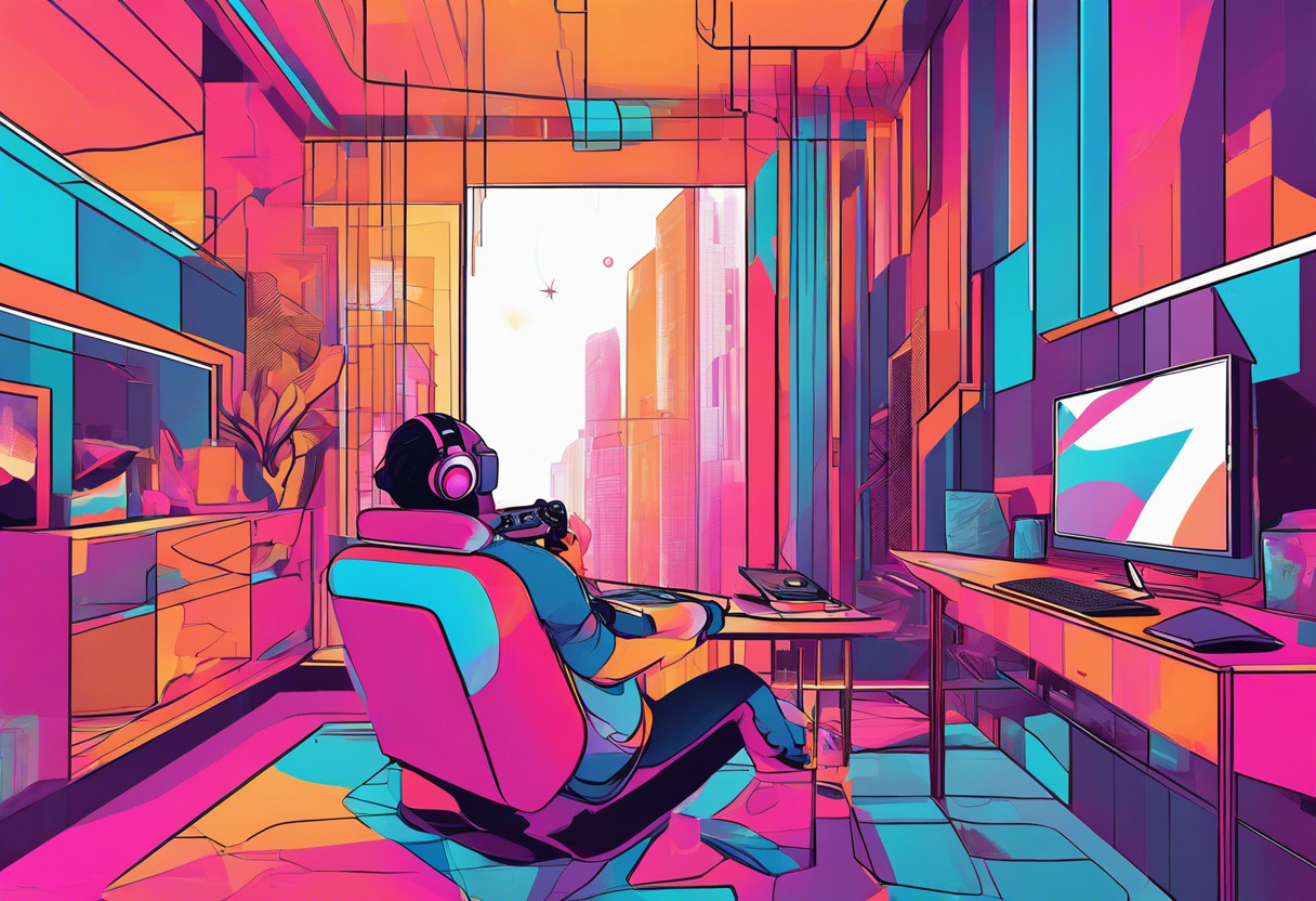 Colorful image showing a vivid depiction of a gamer immersed in a thrilling virtual chase scene on a PSVR 2