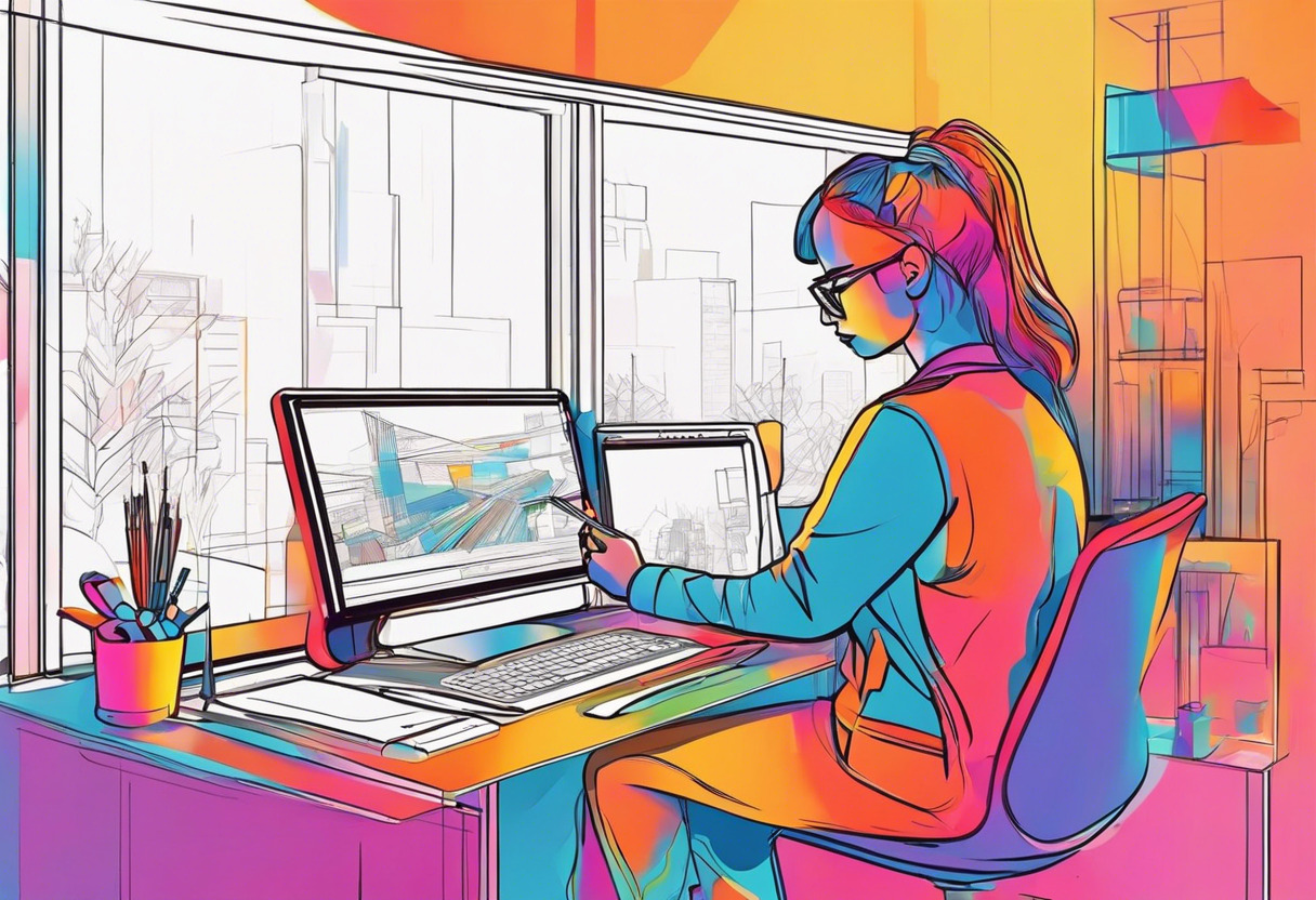 Colorful impression of a digital artist operating Adobe Photoshop, within a creative studio