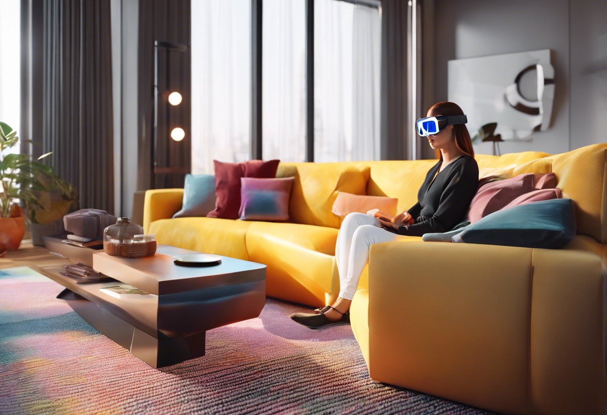 Colorful individual using Augmented Reality glasses in a modern living room